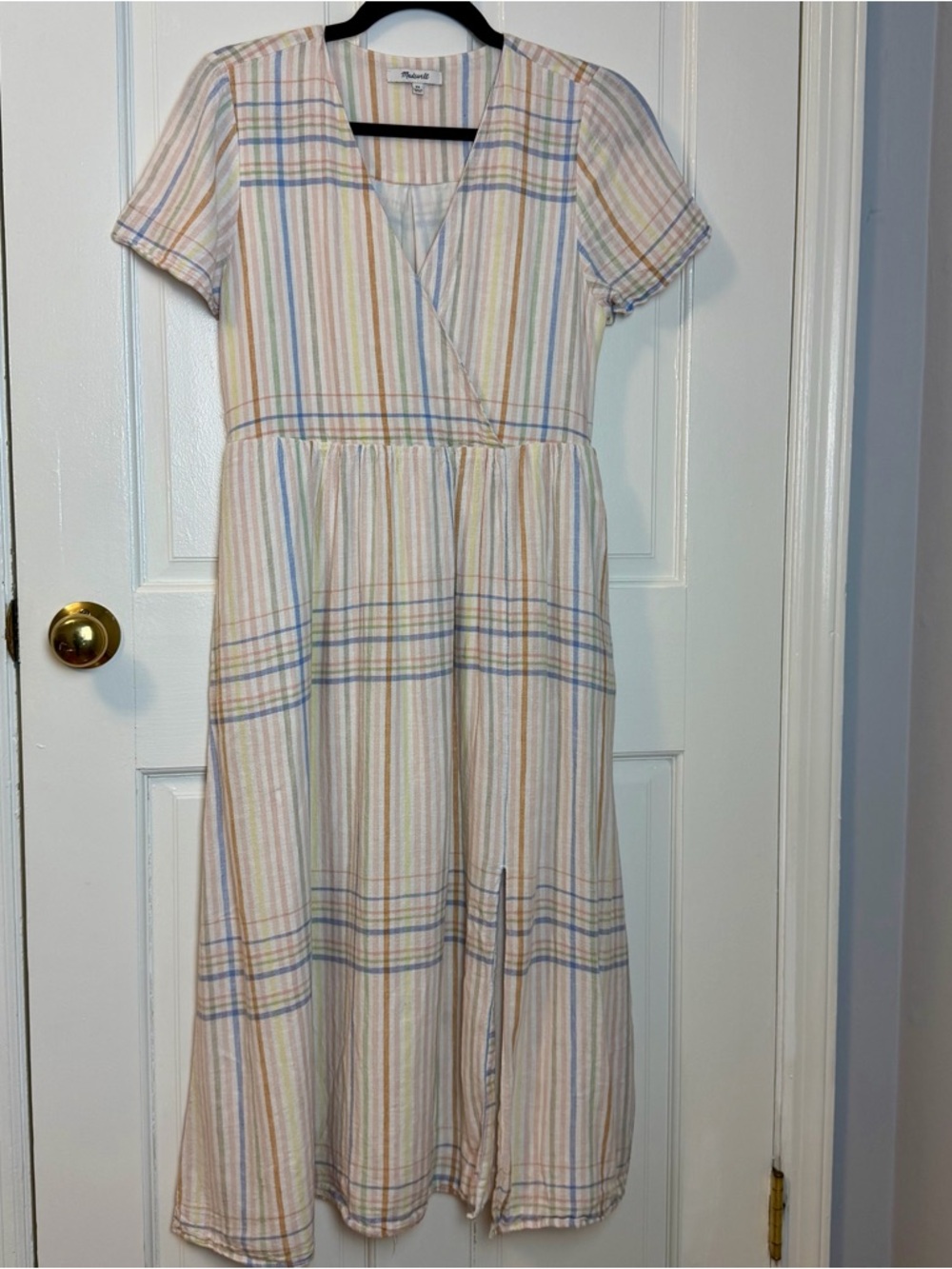 Madewell Women’s Pastel Plaid Lined Linen Blend Short Sleeve Midi Dress, Size XS